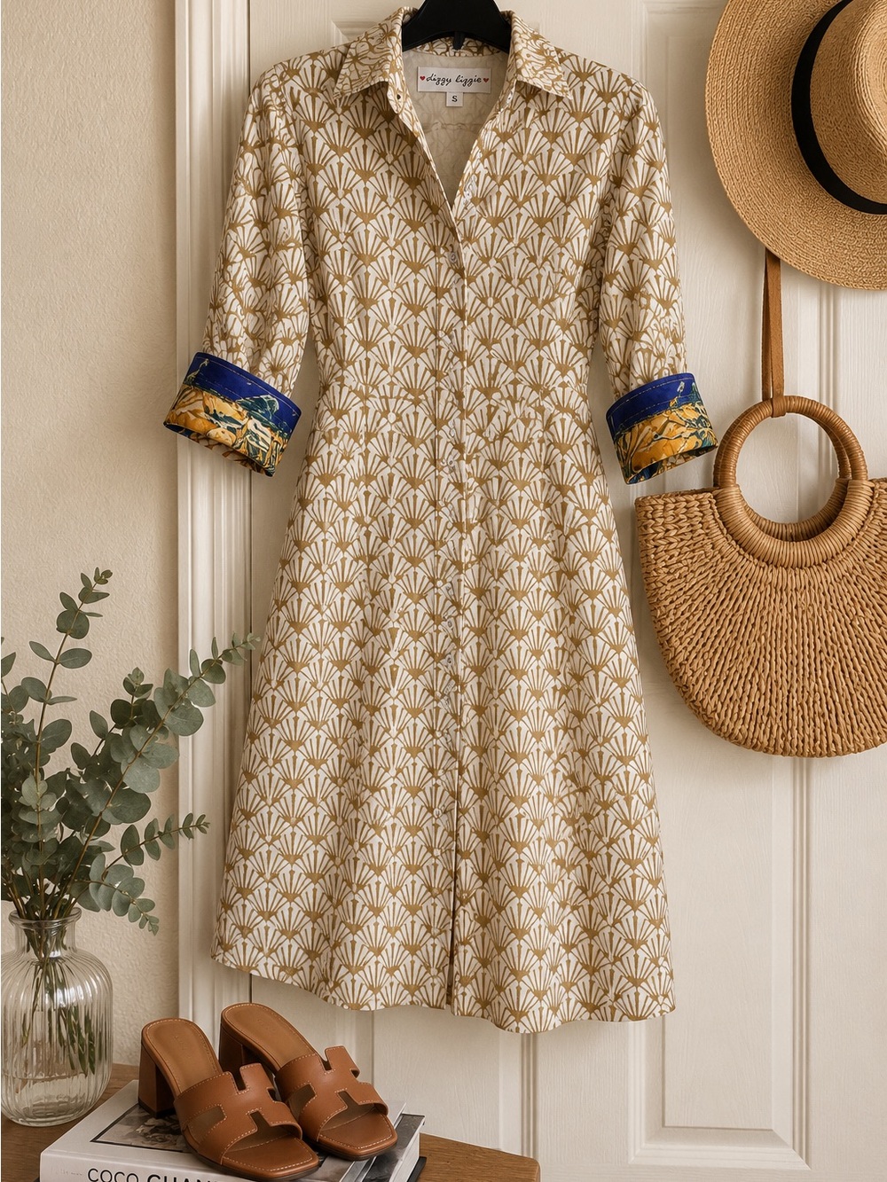 Dizzy Lizzy Beige Patterned Midi Shirt Dress with Blue Contrast Cuffs